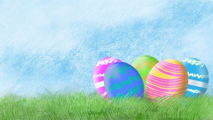 The Easter eggs  multi colour on grass for holiday content