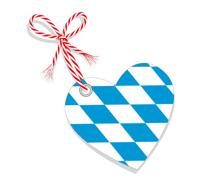 Fahne als Herz  &bdquo;I Love Freistaat Bayern&ldquo; mit Kordel-Schleife,
Vektor Illustration isoliert auf wei&szlig;em Hintergrund
