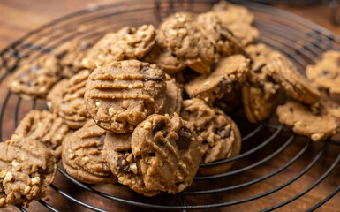 Freshly baked chocolate chip cookies. Selective focus.