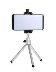Smartphone with blank screen fixed to tripod on white background, mockup for design