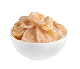 Delicious dried jackfruit slices in bowl isolated on white