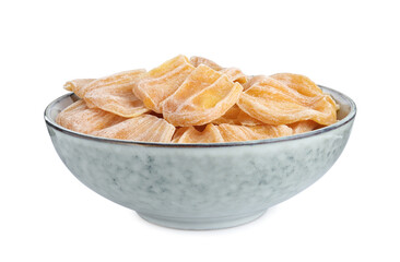Delicious dried jackfruit slices in bowl isolated on white