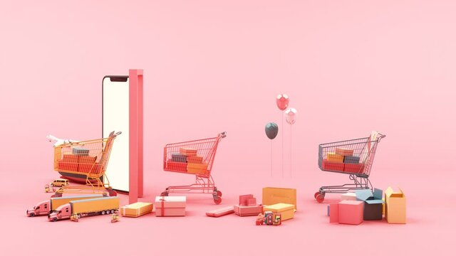 Fast delivery by scooter and van and plane on mobile E-commerce concept Online order with shopping cart and many box on pink background 3d animation loop