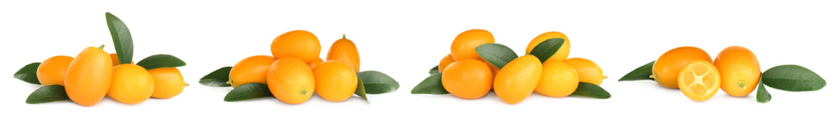 Set with fresh ripe kumquat fruits on white background. Banner design