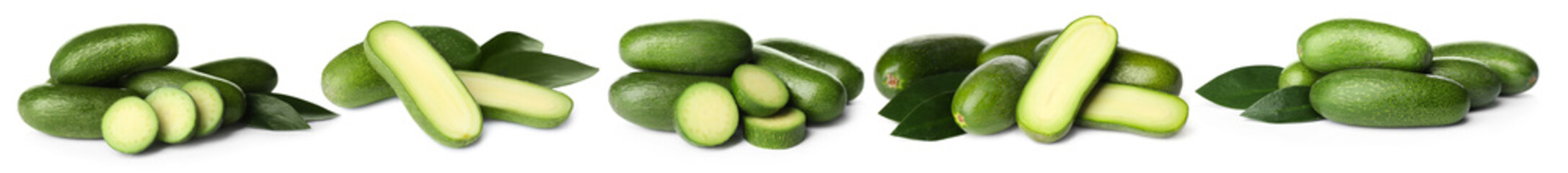 Set with fresh seedless avocados on white background. Banner design