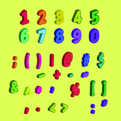 Numbers set. 3D numbers, punctuation marks and symbols. Chubby colored numbers in a childish style.