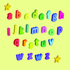 hand drawn alphabet.  3d lowercase alphabet letters. Childrens puffy letters in different colors.