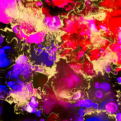 Purple Red and Gold Splatters in Alcohol Ink