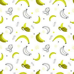 Seamless pattern with bananas in doodle style. Isolated elements with bananas and hand lettering.