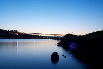 Seattle Sescape Landcsape With Aurora Bridge And Light Painting
