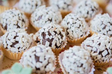 Homemade candies with white granulated chocolate, called 