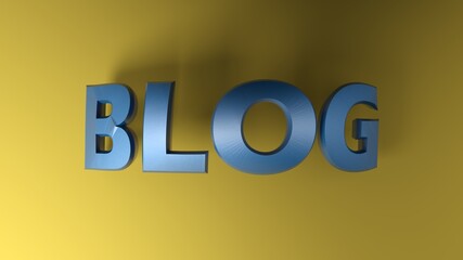 BLOG blue metallic curved write on yellow background - 3D rendering illustration