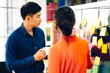 Casual creative happy two smile asian business people planning strategy analysis and brainstorm...