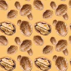 Obraz premium Walnut seamless pattern on brown background. Open nut shell and kernel. Top view of nuts. Banner. Pop art design. 