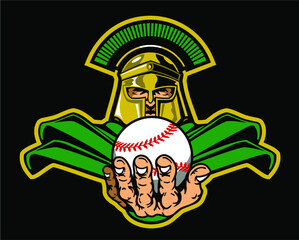 spartan baseball team mascot holding ball for school, college or league