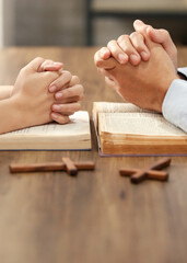 Close up hand. Christian women and men join hands in praying for Jesus' blessings to show love and...