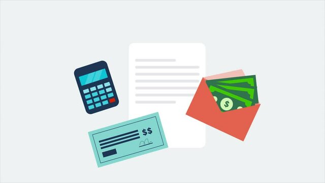Salary payment, account calculation, payroll and paycheck, income, annual bonus, office business financial concept. 2d animation 4k video clip.