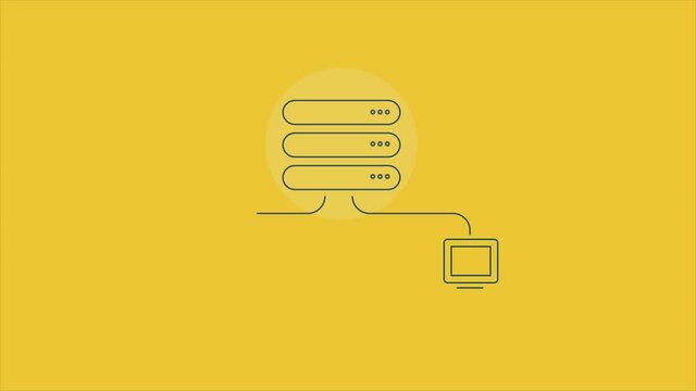 Secure server, cloud service, internet and computer, digital communication technology network - Line animation, with yellow background.