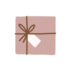 Wrapped gift box tied with string and white tag icon elements illustration