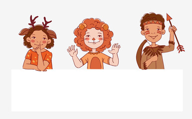 Cute kids in carnival costumes. Vector illustration