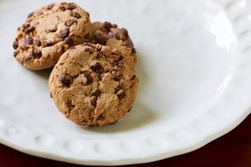 A close up shot of some delicious homemade chocolate chip cookies on a white ceramic plate.