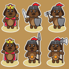 Vector illustration of cute Dog King and knight cartoon set. Dog king and knight set. Good for icon, logo, label, sticker, clipart.