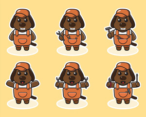 Vector illustration of cute Dog cartoon Mechanic. Cute Dog expression character design bundle. Good for icon, logo, label, sticker, clipart.