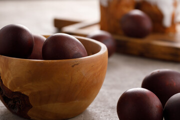 Still life many colorful easter eggs on a textural background. Rustic. Easter celebration concept.