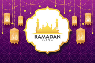 Ramadan Kareem Greeting Card. Golden Mosques, Star, and Lamp on Purple Background Vector Illustration for greeting card, poster and voucher.