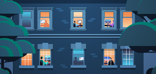exterior of building with mix race neighbors virtual gamers playing online video games on personal computers at home portrait horizontal vector illustration