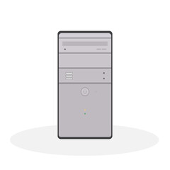 The system unit of the computer is in gray tones, with a CD-ROM drive and operation indicators. Flat vector illustration