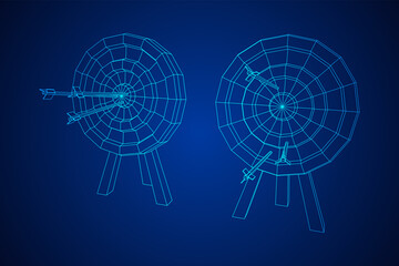 Fototapeta premium Archery target. Arrows hit round target goal concept. Wireframe low poly mesh vector illustration