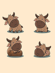 set of cute bull cartoon character and illustration