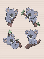 Cute koala cartoon set in hand-drawn