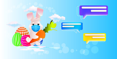 cute rabbit in mask with decorative eggs happy easter holiday celebration online communication concept horizontal vector illustration