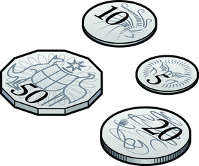 A group of stylised Australian AUD coins. 5, 10, 20 and 50 cents.