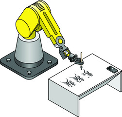 An industrial robot arm writing a Chinese or Japanese character for Dragon with a brush.