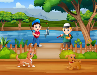 Cartoon boys fishing in the river illustration