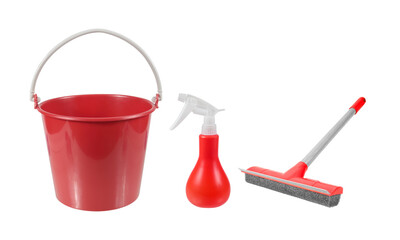 Set of red plastic household, bucket , spray bottle,Window cleaner tool or Glass cleaner isolated on white background with clipping path