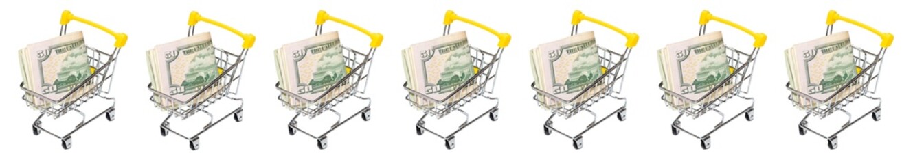 Multiple shopping carts with us dollar bills in them. High angle view. Trading, shopping concepts. Website header background. Isolated on white background. Seamless pattern. Banner size