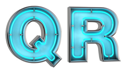 Alphabet Q and R. Neon light 3d letter with glowing blue tubes. 3d illustration.
