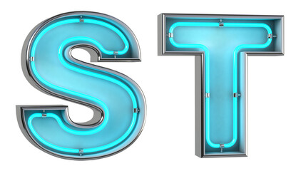 Alphabet S and T. Neon light 3d letter with glowing blue tubes. 3d illustration.