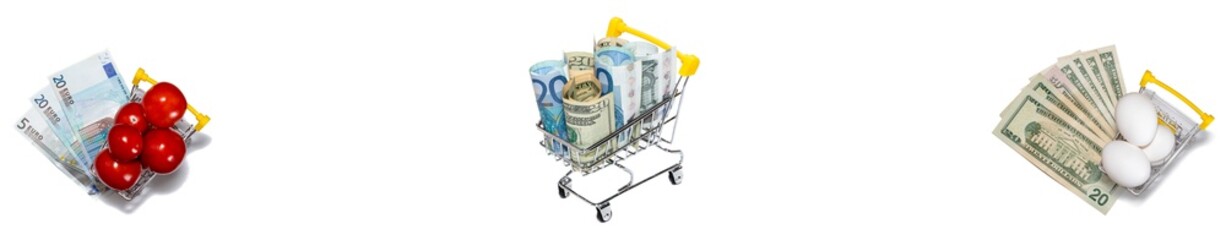 Eggs in shopping cart with US dollar bills underneath it on one end and cart with tomatoes, euro bills underneath it on the other end. Cart with mixed currencies in the middle. Isolated on white