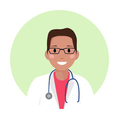 Black young male doctor in medical white coat with glasses and stethoscope. African american physician professional avatar, silhouette, profile, man icon for web site, app. Flat vector illustration.