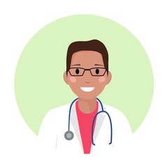 Fototapeta premium Black young male doctor in medical white coat with glasses and stethoscope. African american physician professional avatar, silhouette, profile, man icon for web site, app. Flat vector illustration.