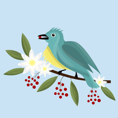 Cute cartoon bird sitting on a branch, beautiful flowers and berries