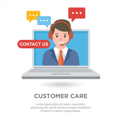 Fototapeta na wymiar Flat vector illustration of customer care service. Suitable for design element from company hotline service and customer care center. Operator of customer service give guidance and assist streaming.