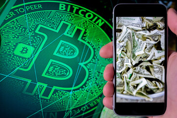 Bitcoin and cryptocurrency investing concept. Mobile phone application to trade Bitcoin BTC in...
