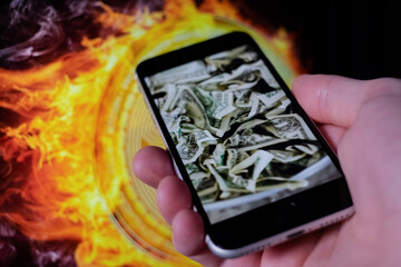 Bitcoin and cryptocurrency investing concept. Mobile phone application to trade Bitcoin BTC in...