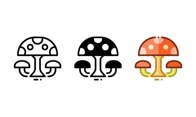 Mushroom icon. With outline, glyph, and filled outline styles
